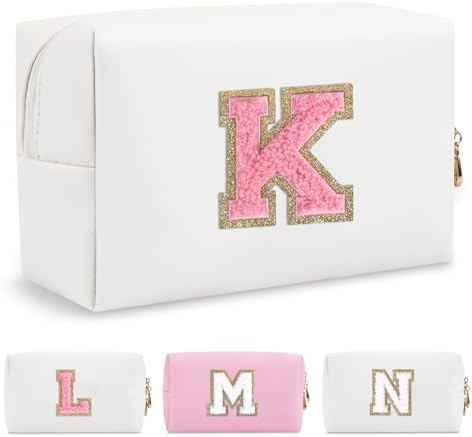 Personalized Makeup Bag Initial A-Z Preppy Patch Bag,Small PU Leather Travel Cosmetic Bag Pouch with Zipper,White Cute Toiletry Bag,Gift Ideal for Teen Girls Women Birthday Friend Mom,Letter K