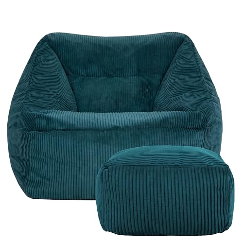 Icon Natalia Sitzsack Sessel mit Hocker für Erwachsene, Blaugrün, Flauschiger Cord Stoff, Riesen Sitzsack Cord mit Füllung, Bean Bag Chair, Bequemer Sessel Wohnzimmer, Lounge, Schlafzimmer, Büro