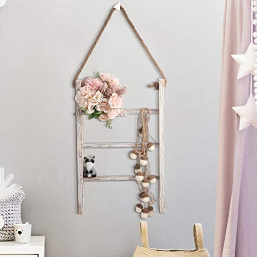Patelai 3-Tier Mini Wall-Hanging Hand Towel Ladder with Rope Decorative Wooden Bathroom Towel Rack Ladder and Hook for Farmhouse Room Decor (Wood Color, White)