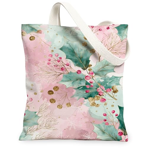 Borsa larga in tela con agrifoglio, motivo floreale, riutilizzabile, vintage, leggera, lavabile, con tracolla, per palestra, viaggi, picnic, 33 x 38 cm