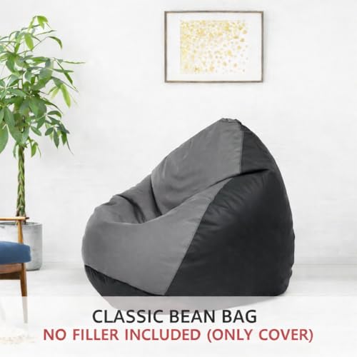 Image of Amazon Brand - Solimo Faux Leather 5XL Bean Bag Cover Without Beans, Classic Bean Bags Cover with Handle & Zipper, Bean Bag Cover for Living Room & Bedroom, 6 Months Warranty (Black & Grey)