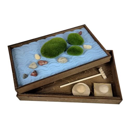 Sunny Lark Wooden Stackable Zen Garden | Blue Oasis Sand with Rake & Accessories | Minimalist Decor Gift for Relaxation