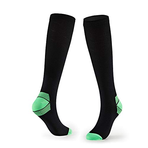LK LEKUNI Calcetines de compresión para mujeres y hombres, protección de tobillo costuras planas, deportes, médicos, vuelo, correr, correr, viajar, embarazo, color Negro y verde., tamaño UK 9-11 / EU 43-46