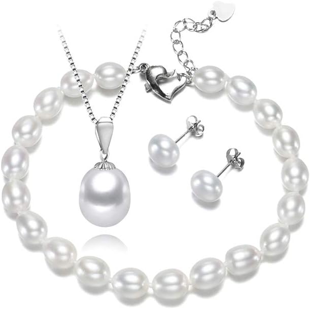 PremiumPearl White Freshwater Cultured Pearl Bracelet Pendant and Earrings Set with Heart Shaped Sterling Silver Clasp