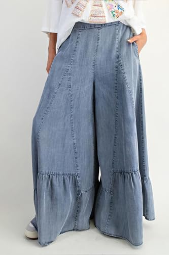 chouyatou Women 2025 Fashion Ruffle Wide Leg Jeans Baggy Elastic Waist Palazzo Jean Trousers Denim Pants3