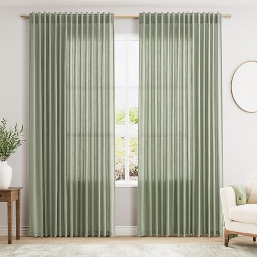 Image of Extra Wide 100 Inch Linen Curtains for Living Room Divider Light Filtering Semi Sheer Back Tab Patio Curtains for Sliding Door Sage Green Coastal Decor Sunroom Floor to Ceiling Window Curtain 100x84