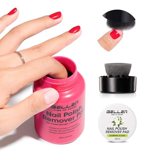 Image of Gellen Nail Polish Remover, 5-9s Quick Removal, Jasmine Scent, Non-drying | Dip Twist Sponge Nail Polish Remover Pot For Fingernail Toenail, Non-Acetone Free, Gentle Formula Shea Butter & Vitamin E