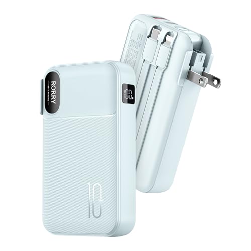 Image of RORRY Portable Charger w /Wall Plug 10000mAh Power Bank 22.5W Battery Pack | Built in Cables, Fast Charging, for iPhone, iPad, Samsung Galaxy, Pixel, LG, Travel Essential, Digital Display, Pocket Size