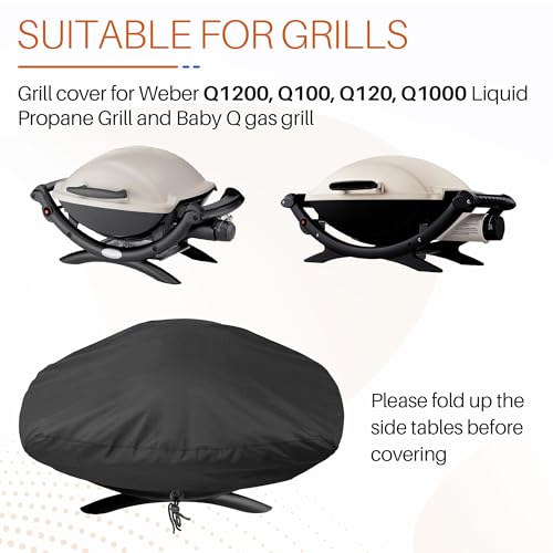 Image of Grill Cover for Weber Q1200, Q1400, Q140, Q120, Q100 and Q1000 Grills, Outdoors Patio Barbecue BBQ Cover Fits for Webe Grill Accessories 7110 Replacement (Black)