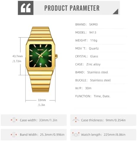 Gosasa Men's Rectangular Quartz Watch, Sunray Dial, Steel Bracelet (Black Green) - 5