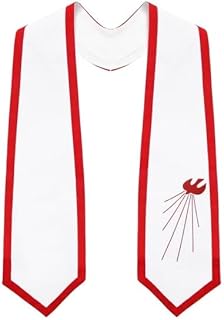 Descending Dove Confirmation Stole, White Satin with Red Trim, One Size Fits All Church Stole/Sash