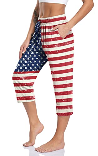 Tarse Women's Yoga Pants Plus Size Capri Pants Pockets Summer Stretch Loose Capris Crop Pants Casual Sport Sweatpants (Retro Flag,3Xl) #TOP26