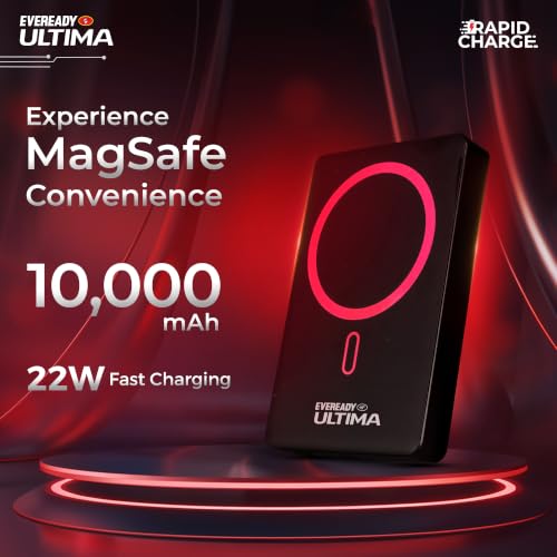 Image of Eveready Ultima MagSafe Compatible Power Bank PB32, 10,000mAh, 22W Wired & 15W Wireless Fast Charging, Compatible with iPhone 12 & Above, Android & Qi Devices (Ensure Device & Case Compatibility)