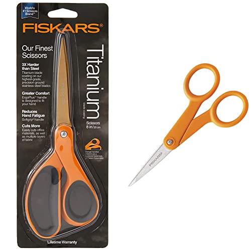 Fiskars 01-004244J Premier Softgrip Titanium Straight Adult Scissors, 8 Inch, Orange & 94817797 Micro-Tip Scissors, 5 Inch, Orange