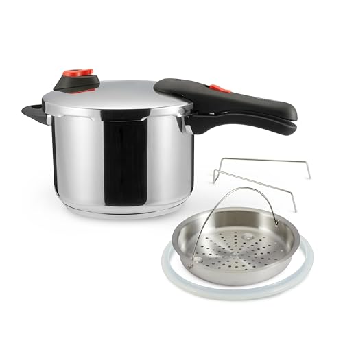 Amazon Basics Snelkookpan van roestvrij staal - met stoompan, geschikt voor inductie - 6 liter, zilver