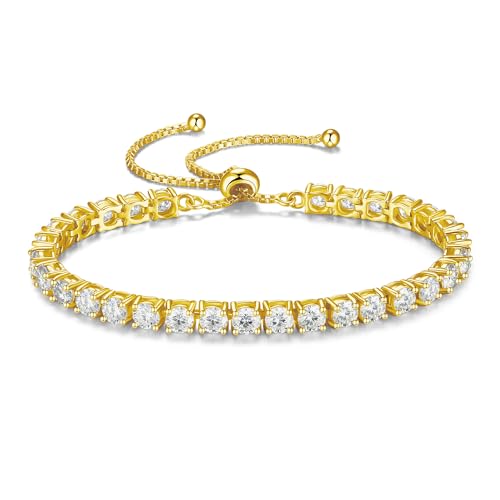 FANCIME Gold Moissanite Tennis Bracelet 1.2ct-12ct Lab Created Moissanite Diamond Bracelets,925 Sterling Silver Adjustable Bolo Tennis Bracelets, 2/3/4/5mm D Color VVS1 Round Cut Moissanite Bracelet for Women
