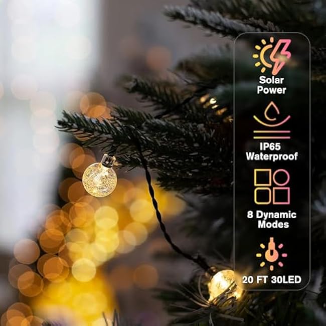 Metaku Solar String Lights for Outside, 20FT 30 LED Crystal Globe String Lights, Solar Powered Outdoor Lights with 8 Lighting Modes, Patio Hanging Lights for Garden, Camping and Party D¨¦cor Warm Whit