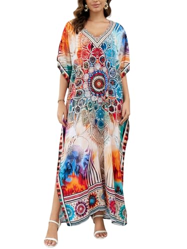 Image of IMAGEKOPE Women's Plus Size Loose Fit Moroccan Print V-Neck Batwing Kaftan Beach Dress Bathing Suit Cover Up