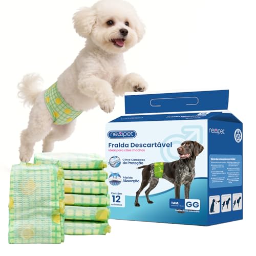 NEWPET Fraldas para Cães Machos, Indicador de Umidade, Tamanho GG | Para incontinência, cães idosos e filhotes; absorção eficiente, proteção anti-vazamento. 58–76 cm, 18–34 kg, 12 unidades.