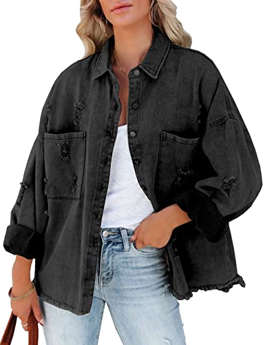 Lumister Womens Causal Oversized Soft Lightweight Distressed Jean Jacket Ripped Fringe Long Sleeve Denim Jacket Shacket((0222-Black-M) #TOP1