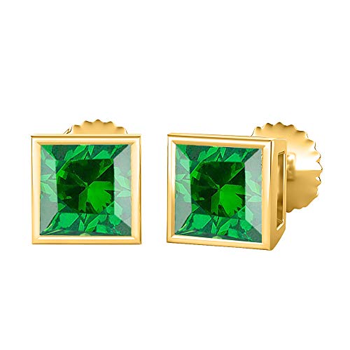 Gold & Diamonds Jewellery Bezel Set Princess Cut Created Gemstones (6MM) Solitaire Stud Earrings 14K Yellow Gold Over .925 Sterling Silver