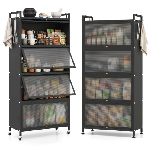 Giantex 5-Tier Kitchen Storage Cabinet, Freestanding Metal Baker's Rack w/4 Flip-up PC Doors, 4 Hooks, Adjustable Feet & Rolling Wheels, Mobile Microwave Stand for Dining Room, Living Room (Black)
