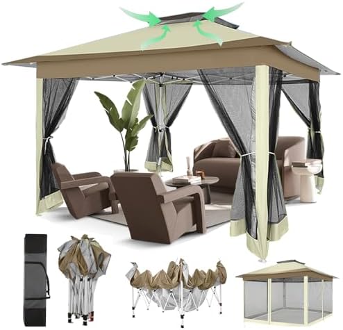 COBIZI 12x12 Pop Up Gazebo On Clearance - Upgrade Easy Up Metal Outdoor Canopy Waterproof - Portable Gazebo with Mosquito Nettings, 4 Ropes 8 Stakes and Carry Bag for Patio Garden(Khaki)
