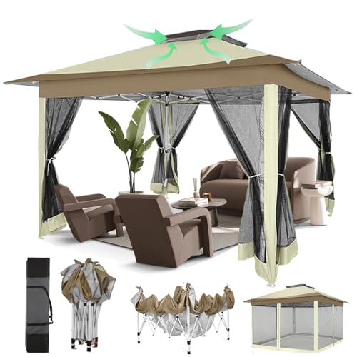 COBIZI 12x12 Pop Up Gazebos On Clearance - Upgrade Easy Up Metal Outdoor Gazebo Waterproof - Portable Gazebo with Mosquito Nettings, 4 Ropes 8 Stakes and Carry Bag for Patio Garden(Khaki) by COBIZI - Used condition - US$138.65