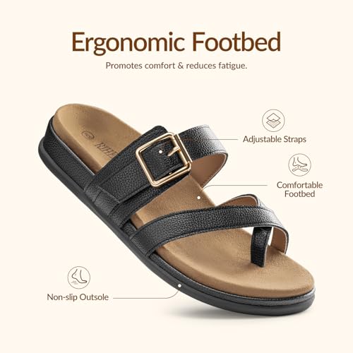 Rihero Orthopedic Arch Support Sandals Women's Black Orthotic Flip Flops Slip On Comfortable Casual Walking Thong Flat Sandals Size 6.5 — view 4