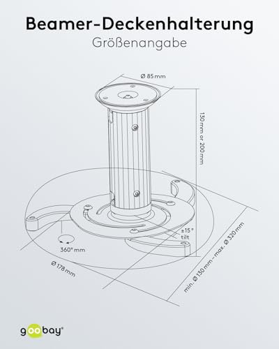 goobay Beamer-Deckenhalterung Universal, bis 10 kg, Lochabstand 130–320 mm, neigbar, 360° drehbar, Weiß – 51896
