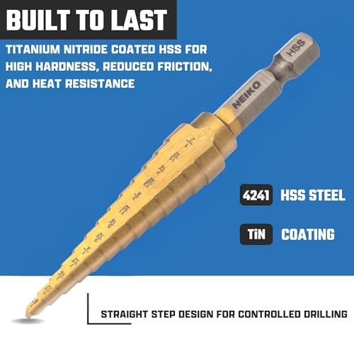 Image of NEIKO 10601A Step Drill Bit, 13 Steps 1 /8 inch to 1 /2 inch Straight High Speed Steel, Titanium Nitride Coated, 1 /4 inch Quick Change Step Bits for Steel, Metal, Wood, Plastic, Unibit Cone Drill Bits, Two Flute