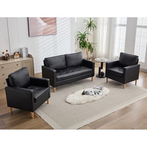 TYBOATLE 57\" Small Black Faux Leather Sofa Couches, 3 Piece Living Room Set, Mid-Century Modern Tufted Comfy Loveseat, 2 Seater Office Couch Love Seat for Small Space Bedroom Drom Apartment