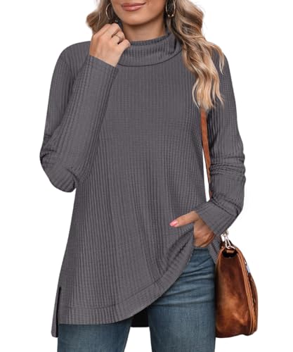 Image of RITERA Women's Plus Size Waffle Tops Long Sleeve Turtleneck Sweater Shirts Knit Tunic Oversized Casual Pullover Blouse XL-5XL