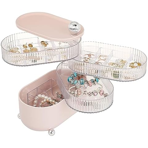 FABROK Rotatable Plastic Jewelry Organizer, Earrings Rings Necklaces Storage Case with 4 Layer, Jewelry Accessory Storage Tray with Lid for Women Girls(Pink) Cover