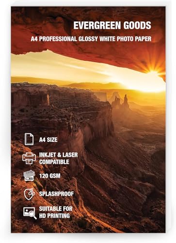 Evergreen Goods 50 Blatt A4 Glänzend Weißes Beidseitig Bedruckbares Fotopapier 120 GSM Tintenstrahl & Laserdrucker Kompatibel Hochauflösendes Papier für Fotodruck, Scrapbooking, Karten & Basteln