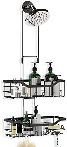 Joqixon Shower Caddy, UPGRADED Extended Length Shower Caddy Over Shower Head No Blocking to Shower Head, Rustproof Shower Organizer with Hooks Shampoo Soap Holder, Bathroom Large Hanging Shower Caddy