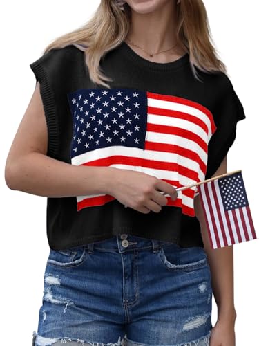 Image of Womens American Flag Sweater Cap Sleeve Summer Crop Tops Crew Neck Loose Fit Knit Sweater Pullover Top