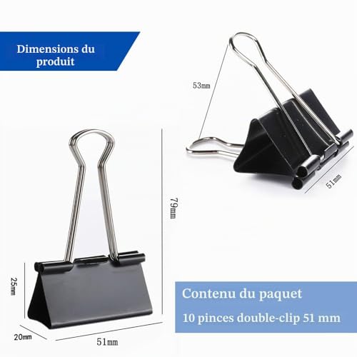 XFentech 10 Pièces Pince Métal - Pinces Noires Pinces à Documents Pince Papier Clip 51mm Multi-fonctions Binder Clips Fournitures de Bureau – vue 3