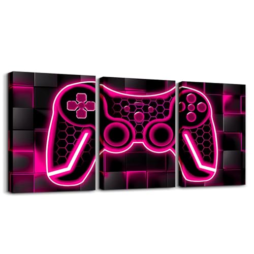 Feelyou Gamer Canvas Wall Art for Living Room 12"x16" 3 Piece Rose Red and Black Picture Wall Decor Gaming Ombre Office Wall Decorations Artwork Posters Geometric Square Wall Painting