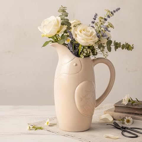 hjn Farmhouse Pitcher Vase for Flowers- White Ceramic Pitcher for Decor White Vase for Your Kitchen/Home Decor/Office/Living Room/Bookshelf/Mantel/-Bird Texture Cover
