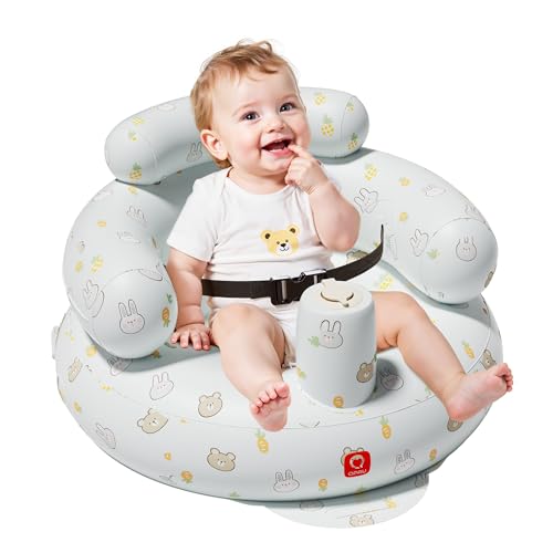Image of QPAU Inflatable Baby Seat with Safety Harness for Babies 3 Months & Up, Baby Floor Seats for Sitting Up, Baby Seats for Infants, Blow Up Baby Chair with Built in Air Pump (Rabbit and Bear)