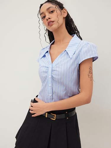 CIDER Button Down Shirt Women Striped Blouse Collared Neck Ruched Shirt Short Sleeve Top Work Casual Shirts2