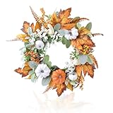Design de récolte d'automne : ornée de citrouilles orange vives, de courges blanches, de baies colorées et de feuilles d'automne riches, cette couronne incarne la récolte d'automne et améliore toute décoration saisonnière.