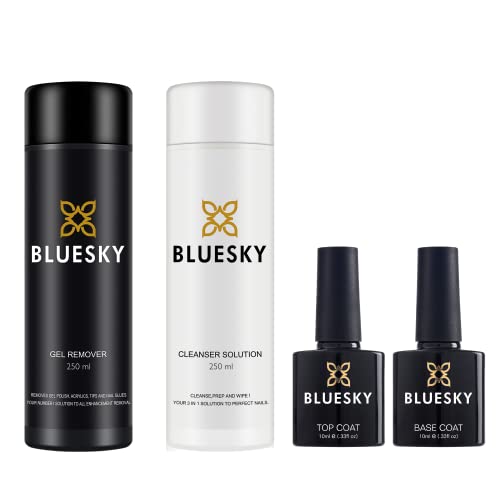 Bluesky Gel Polish Top and Base Coat 10ml plus Acetone Remover 250ml and Cleanser 250ml. Nail Polish Removal, Prep and Wipe