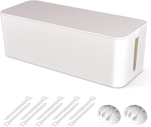 Cable Management Box, Large Cord Organizer to Hide Power Strip & Under Desk, TV Computer Wires Hider with Cable Clips & Reusable Ties for Home/Office (White)