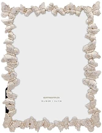 GIFTY GIFTY Butterfly Photo Frame 5”x7” For Vertical and Horizontal Display on Tabletops, Home Decor, Wedding, Vacation, Graduation, Or Any Milestone Photos (Gold with White Brush)