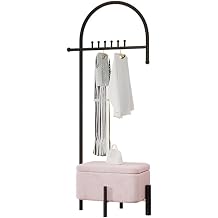 Coat Rack with Shoe Bench 3-in-1 Hall Tree Entryway Coat Stand with Hooks Locker Floor-Standing Clothing Racks Iron Art Frame Easy Assembly Color Black+Powder, Size 63.5x40x180cm