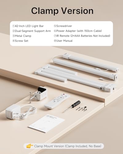 Image of ONEMIX 42 inch LED Desk Lamp with Clamp, Architect Desk Light with Remote, Adjustable 4-Segment Bar, 1800LM Bright, Eye-Caring Desk Lamp for Home Office, Reading, Study, Dual Monitors, Workbench (White)