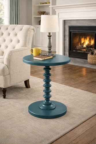 Image of Kundi Round Coffee End Table for Living Room - Modern Brown Accent Pedestal Side Table for Bedroom & Home Decor (Blue)