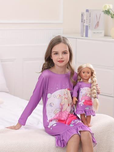 Bow Dream Toddler Girls Dress Cute and Matching American Girl Doll Clothes for Girls Cartoon Pattern Purple Size 120 - Thumbnail 3